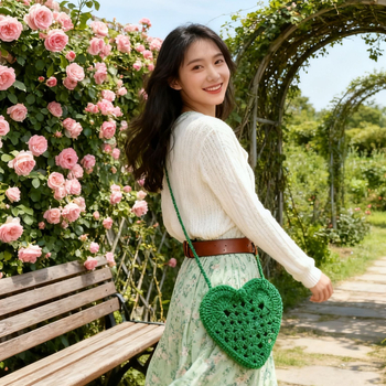 Ženska crossbody torbica u obliku srca, ručno pletena od pamukovog konca, kukičani dizajn, srednje veličine, bez podstave, jedna naramenica, zatvarač
