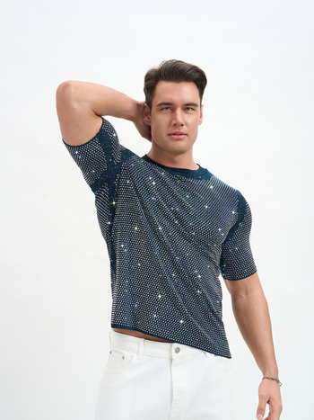 Νέο ανδρικό T‑shirt σε στυλ Ευρώπης-Αμερικής, αναπνεύσιμο διπλής στρώσης με στρας για πάρτι και νυχτερινά κέντρα.