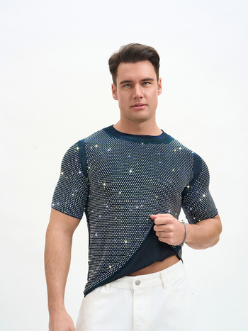 Νέο ανδρικό T‑shirt σε στυλ Ευρώπης-Αμερικής, αναπνεύσιμο διπλής στρώσης με στρας για πάρτι και νυχτερινά κέντρα.