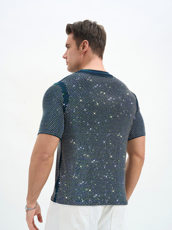 Νέο ανδρικό T‑shirt σε στυλ Ευρώπης-Αμερικής, αναπνεύσιμο διπλής στρώσης με στρας για πάρτι και νυχτερινά κέντρα.
