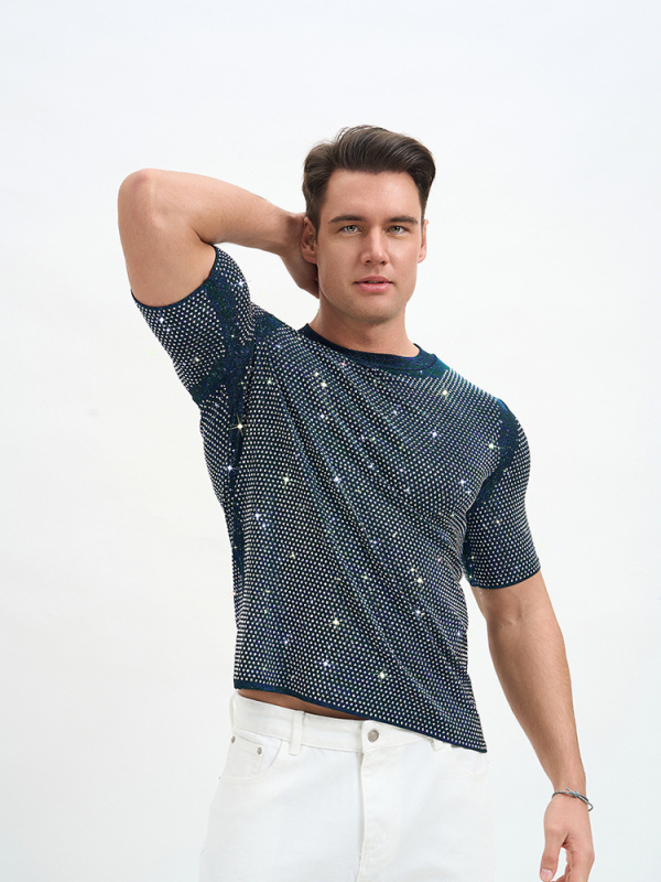 Νέο ανδρικό T‑shirt σε στυλ Ευρώπης-Αμερικής, αναπνεύσιμο διπλής στρώσης με στρας για πάρτι και νυχτερινά κέντρα.