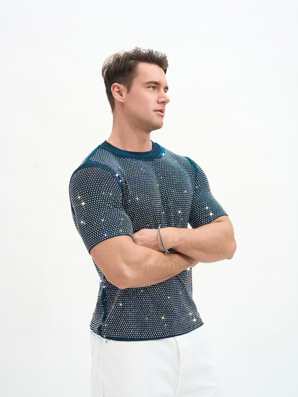 Νέο ανδρικό T‑shirt σε στυλ Ευρώπης-Αμερικής, αναπνεύσιμο διπλής στρώσης με στρας για πάρτι και νυχτερινά κέντρα.