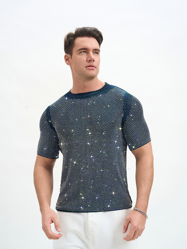 Νέο ανδρικό T‑shirt σε στυλ Ευρώπης-Αμερικής, αναπνεύσιμο διπλής στρώσης με στρας για πάρτι και νυχτερινά κέντρα.