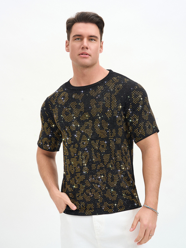Νέο ανδρικό T‑shirt σε στυλ Ευρώπης-Αμερικής, αναπνεύσιμο διπλής στρώσης με στρας για πάρτι και νυχτερινά κέντρα.