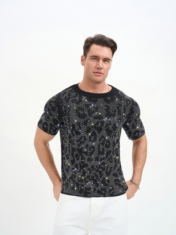 Νέο ανδρικό T‑shirt σε στυλ Ευρώπης-Αμερικής, αναπνεύσιμο διπλής στρώσης με στρας για πάρτι και νυχτερινά κέντρα.