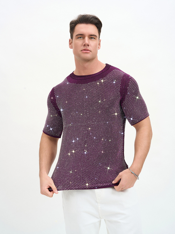 Νέο ανδρικό T‑shirt σε στυλ Ευρώπης-Αμερικής, αναπνεύσιμο διπλής στρώσης με στρας για πάρτι και νυχτερινά κέντρα.