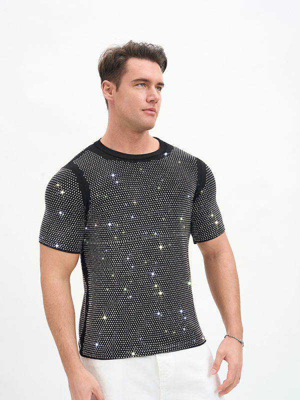 Νέο ανδρικό T‑shirt σε στυλ Ευρώπης-Αμερικής, αναπνεύσιμο διπλής στρώσης με στρας για πάρτι και νυχτερινά κέντρα.