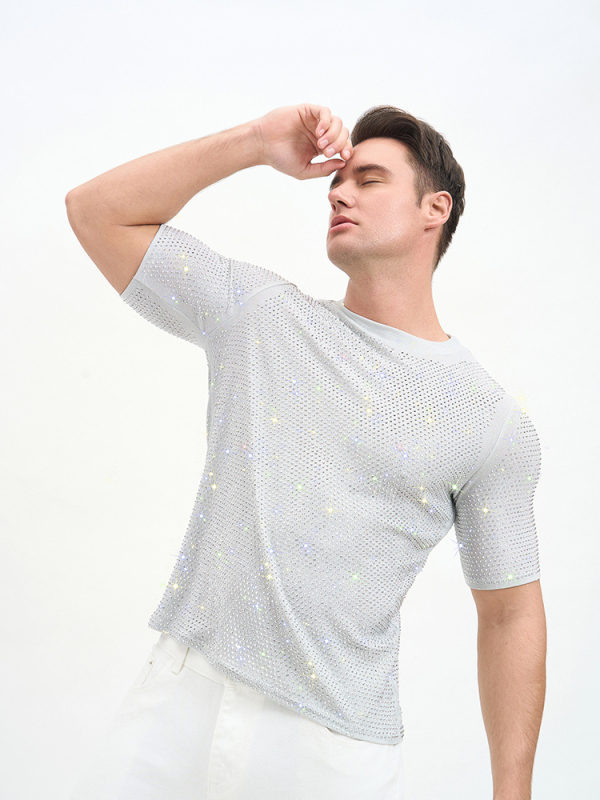 Νέο ανδρικό T‑shirt σε στυλ Ευρώπης-Αμερικής, αναπνεύσιμο διπλής στρώσης με στρας για πάρτι και νυχτερινά κέντρα.
