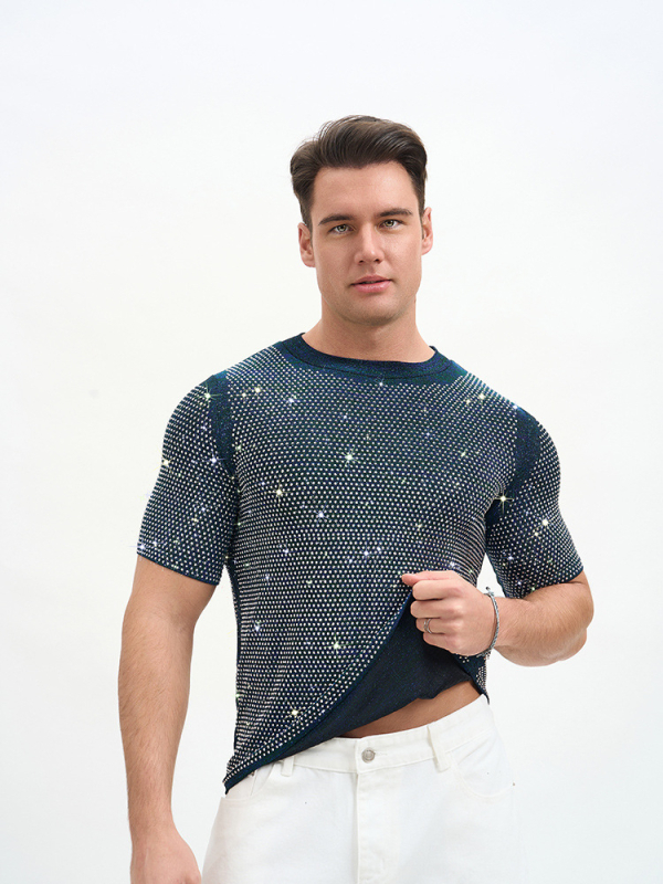 Νέο ανδρικό T‑shirt σε στυλ Ευρώπης-Αμερικής, αναπνεύσιμο διπλής στρώσης με στρας για πάρτι και νυχτερινά κέντρα.