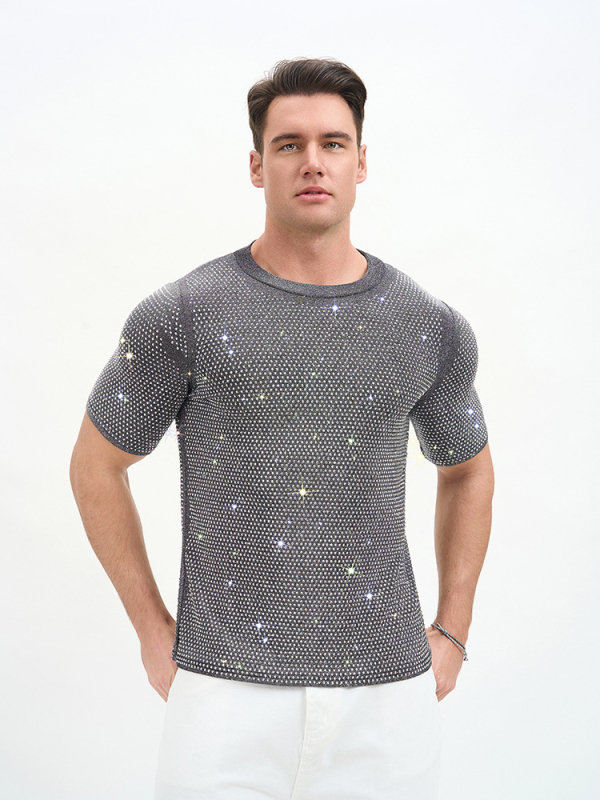 Νέο ανδρικό T‑shirt σε στυλ Ευρώπης-Αμερικής, αναπνεύσιμο διπλής στρώσης με στρας για πάρτι και νυχτερινά κέντρα.