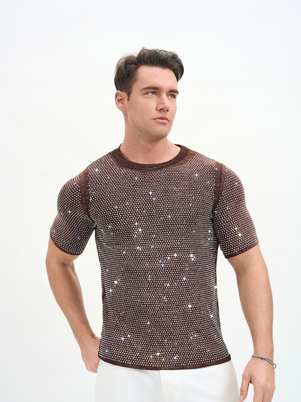 Νέο ανδρικό T‑shirt σε στυλ Ευρώπης-Αμερικής, αναπνεύσιμο διπλής στρώσης με στρας για πάρτι και νυχτερινά κέντρα.
