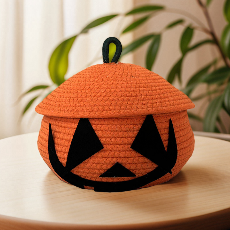 Kreativna košara za pohranu u obliku Halloween tikve s poklopcem, pletena od pamucnih niti