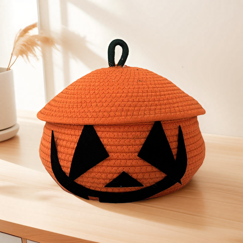 Kreativna košara za pohranu u obliku Halloween tikve s poklopcem, pletena od pamucnih niti