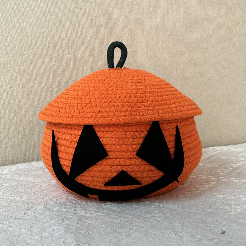 Kreativna košara za pohranu u obliku Halloween tikve s poklopcem, pletena od pamucnih niti