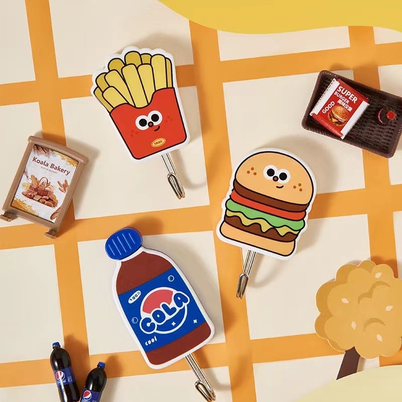 Slatka ljepljiva kuka s motivom Coca‑Cola, pomfrit i hamburger; snažno ljepilo, za zid, bez bušenja