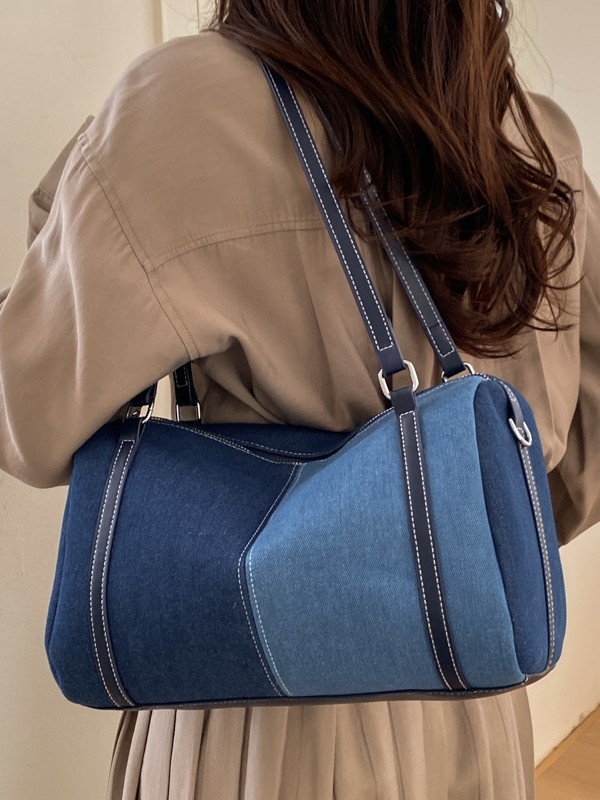 Ženska torbica od denima, Boston stil s patchworkom i bojama blokova, svakodnevna torba na rame ili crossbody, model 2026
