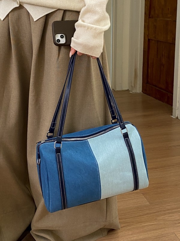Ženska torbica od denima, Boston stil s patchworkom i bojama blokova, svakodnevna torba na rame ili crossbody, model 2026