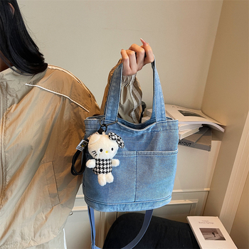 Ženska denim bucket torba u korejskom stilu, svestrana torba preko ramena ili crossbody s pretincem za telefon