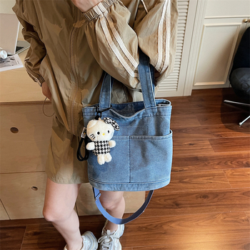 Ženska denim bucket torba u korejskom stilu, svestrana torba preko ramena ili crossbody s pretincem za telefon