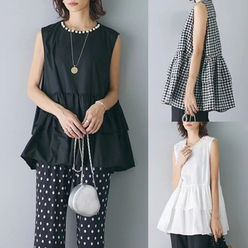 Ženska bez rukava bluza A-kroj s slojevitim volanima i bisernom ukrasom, okrugli ovratnik, japanski stil, proljeće-ljeto