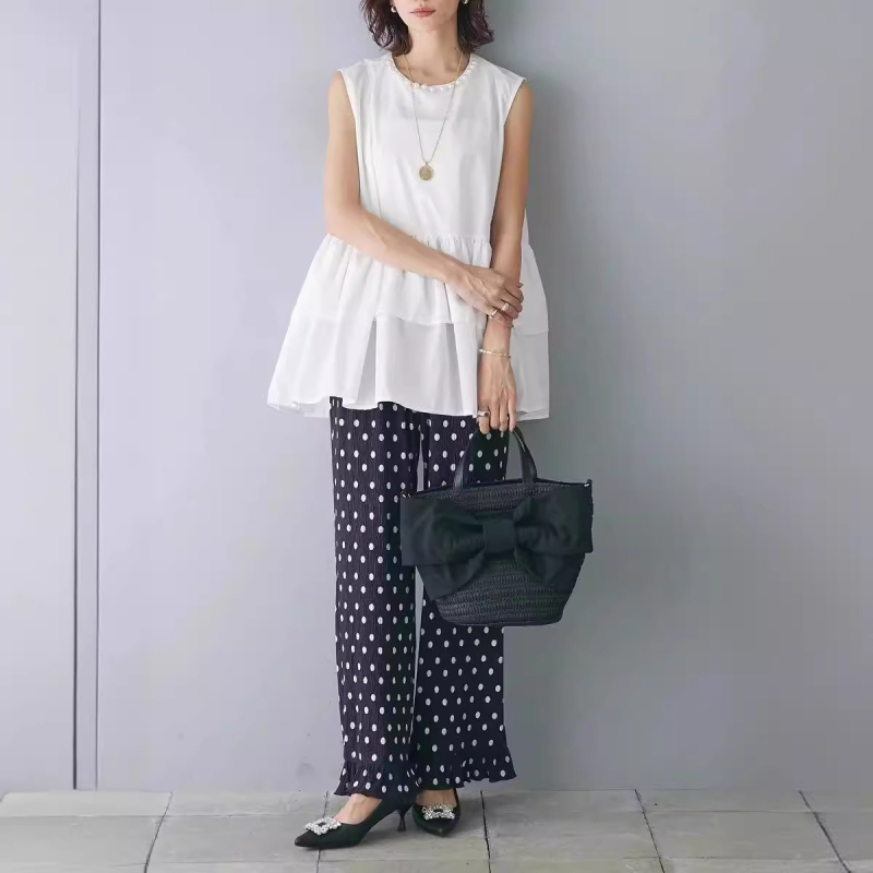 Ženska bez rukava bluza A-kroj s slojevitim volanima i bisernom ukrasom, okrugli ovratnik, japanski stil, proljeće-ljeto