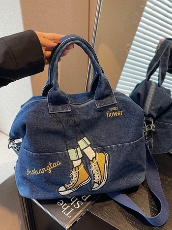 Denim torba s izvezenom kontrastnom bojom, korejskog stila za jesen i zimu, velika kapaciteta, crossbody torba na jedno rame