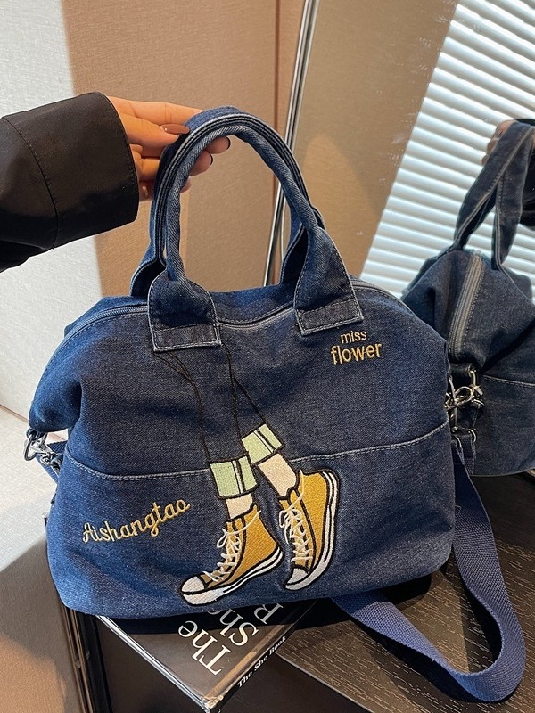 Denim torba s izvezenom kontrastnom bojom, korejskog stila za jesen i zimu, velika kapaciteta, crossbody torba na jedno rame