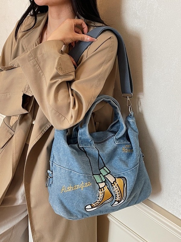 Denim torba s izvezenom kontrastnom bojom, korejskog stila za jesen i zimu, velika kapaciteta, crossbody torba na jedno rame