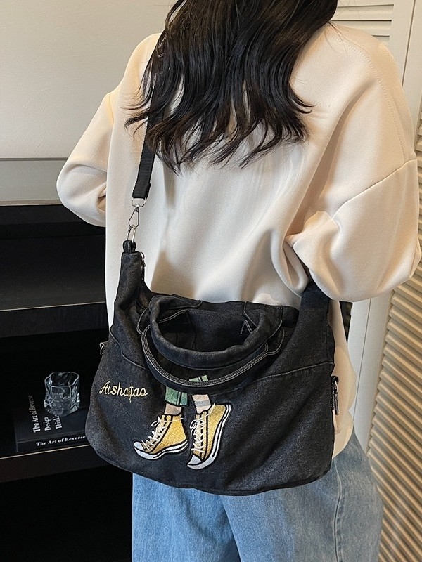 Denim torba s izvezenom kontrastnom bojom, korejskog stila za jesen i zimu, velika kapaciteta, crossbody torba na jedno rame