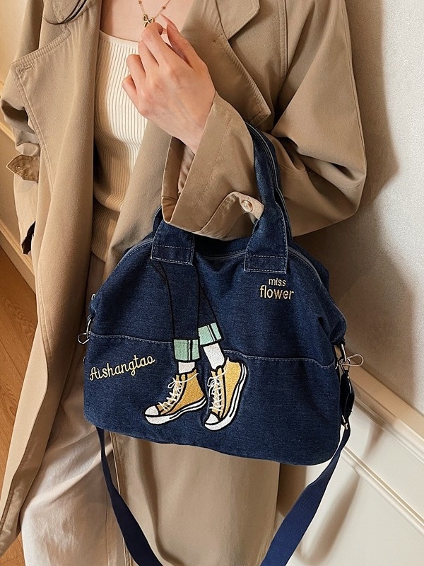 Denim torba s izvezenom kontrastnom bojom, korejskog stila za jesen i zimu, velika kapaciteta, crossbody torba na jedno rame