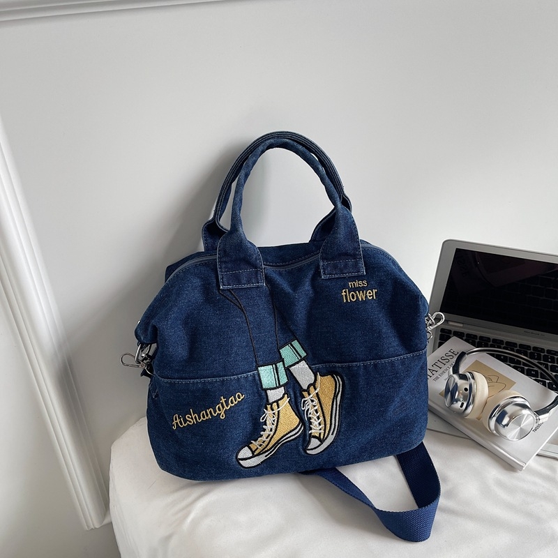 Denim torba s izvezenom kontrastnom bojom, korejskog stila za jesen i zimu, velika kapaciteta, crossbody torba na jedno rame