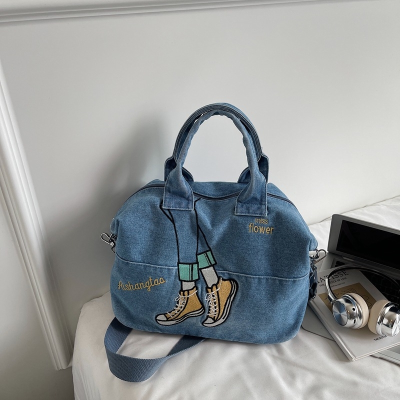 Denim torba s izvezenom kontrastnom bojom, korejskog stila za jesen i zimu, velika kapaciteta, crossbody torba na jedno rame