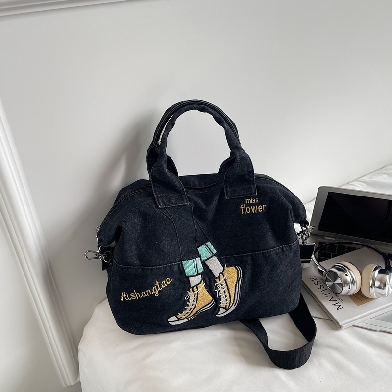 Denim torba s izvezenom kontrastnom bojom, korejskog stila za jesen i zimu, velika kapaciteta, crossbody torba na jedno rame
