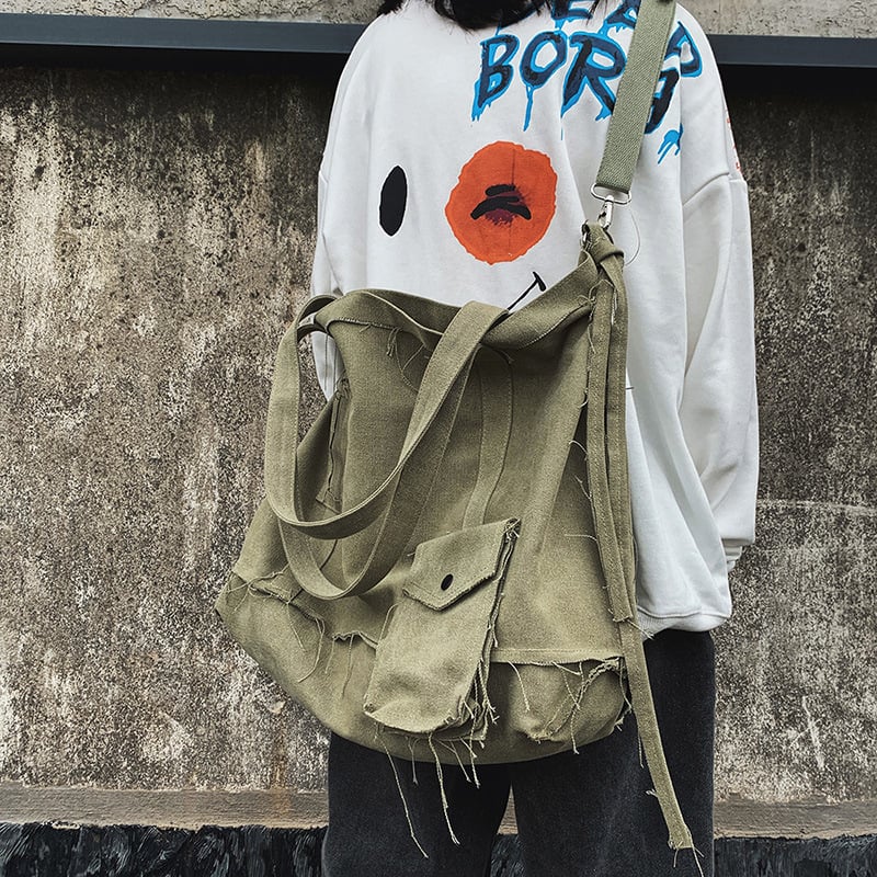 Crossbody torba s grubim rubovima, retro hip-hop stil, nepravilna platnena torba, unisex, velika kapaciteta