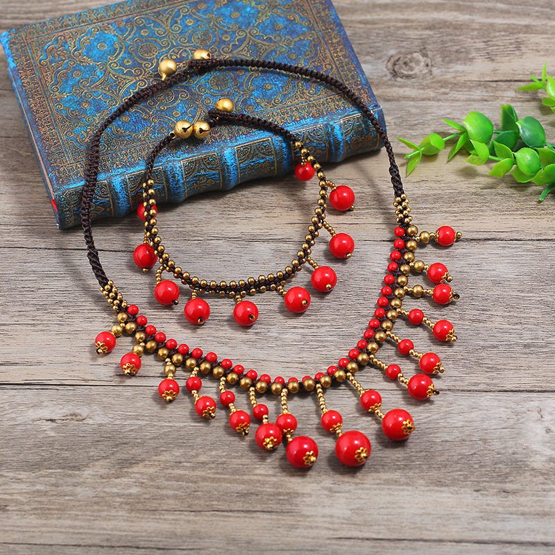 Set nakita u vintage boho etničkom stilu: ogrlica i gležanj narukvica s tirkiznim resicama