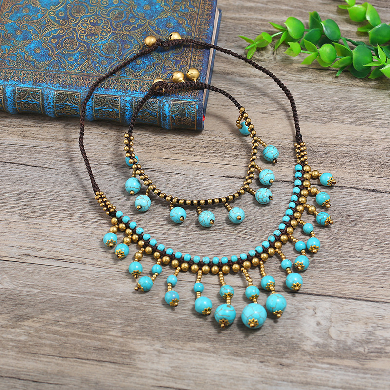 Set nakita u vintage boho etničkom stilu: ogrlica i gležanj narukvica s tirkiznim resicama