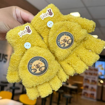 Dječje zimske rukavice s pola prsta, debeli koralni fleece, tople, s karikaturalnim uzorkom, unisex