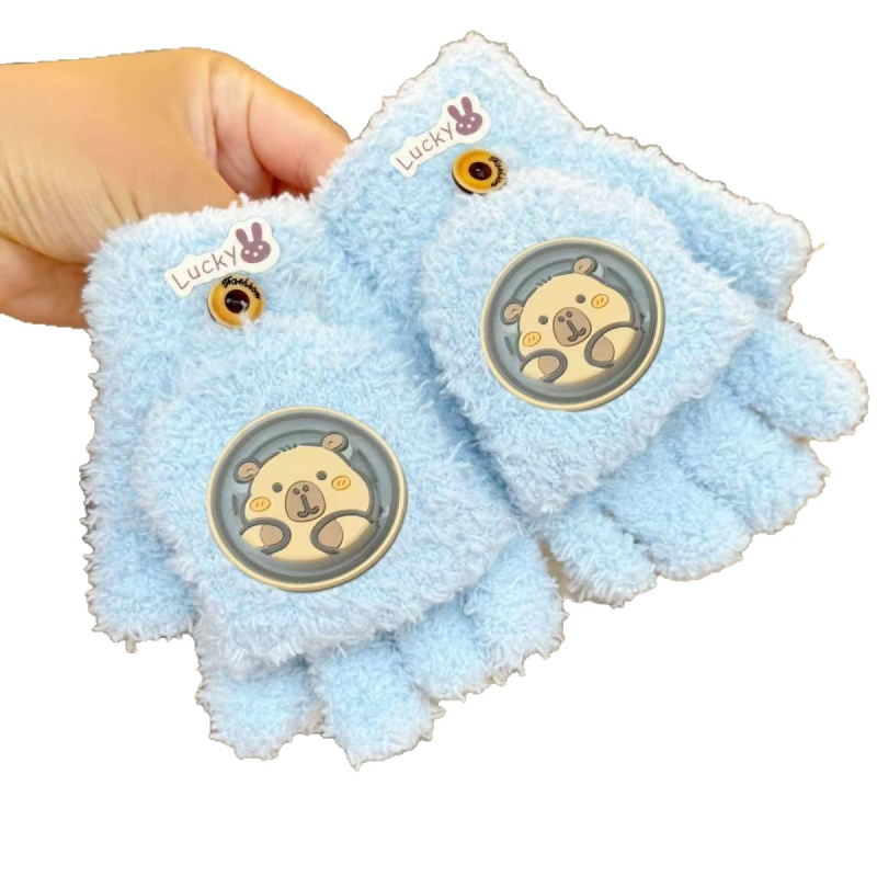 Dječje zimske rukavice s pola prsta, debeli koralni fleece, tople, s karikaturalnim uzorkom, unisex