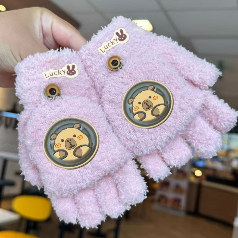Dječje zimske rukavice s pola prsta, debeli koralni fleece, tople, s karikaturalnim uzorkom, unisex