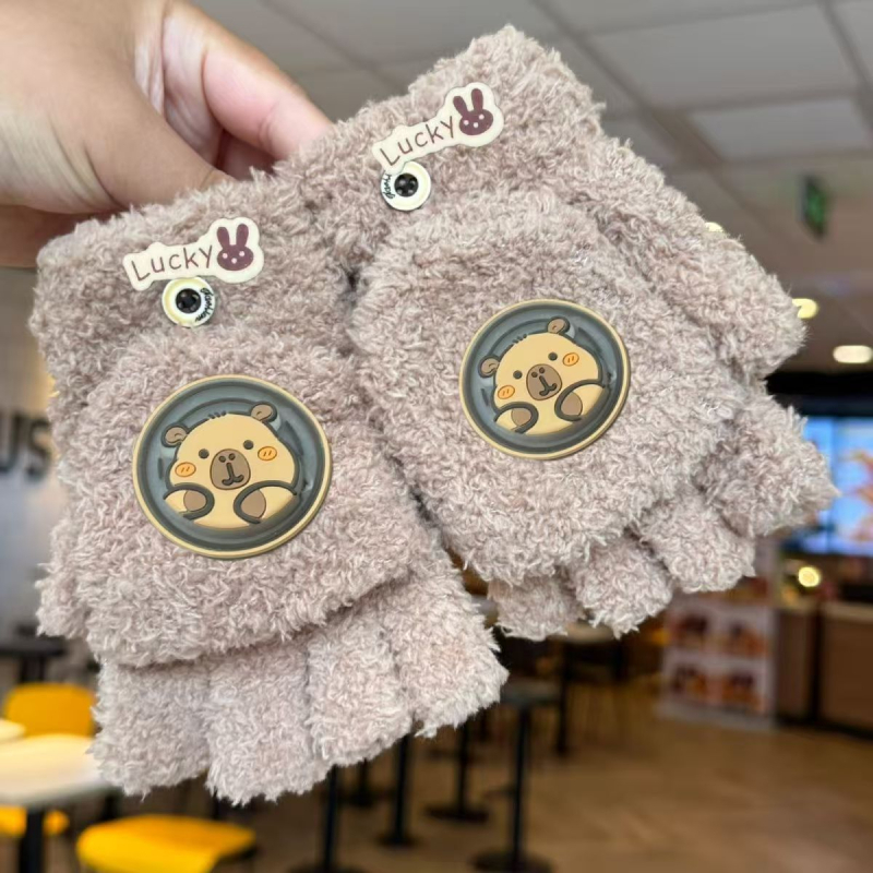 Dječje zimske rukavice s pola prsta, debeli koralni fleece, tople, s karikaturalnim uzorkom, unisex
