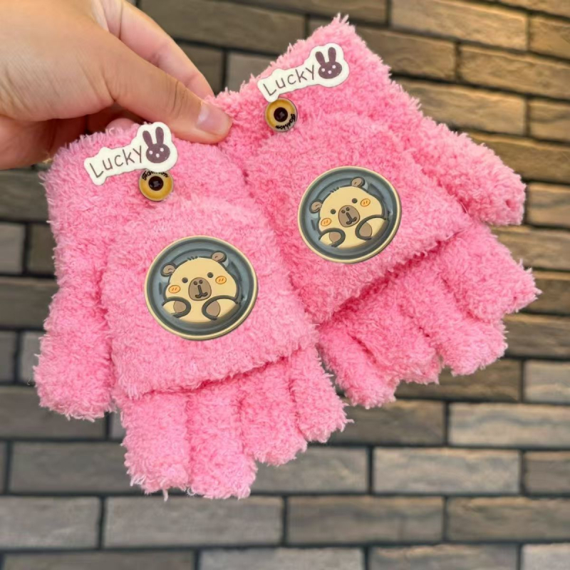 Dječje zimske rukavice s pola prsta, debeli koralni fleece, tople, s karikaturalnim uzorkom, unisex
