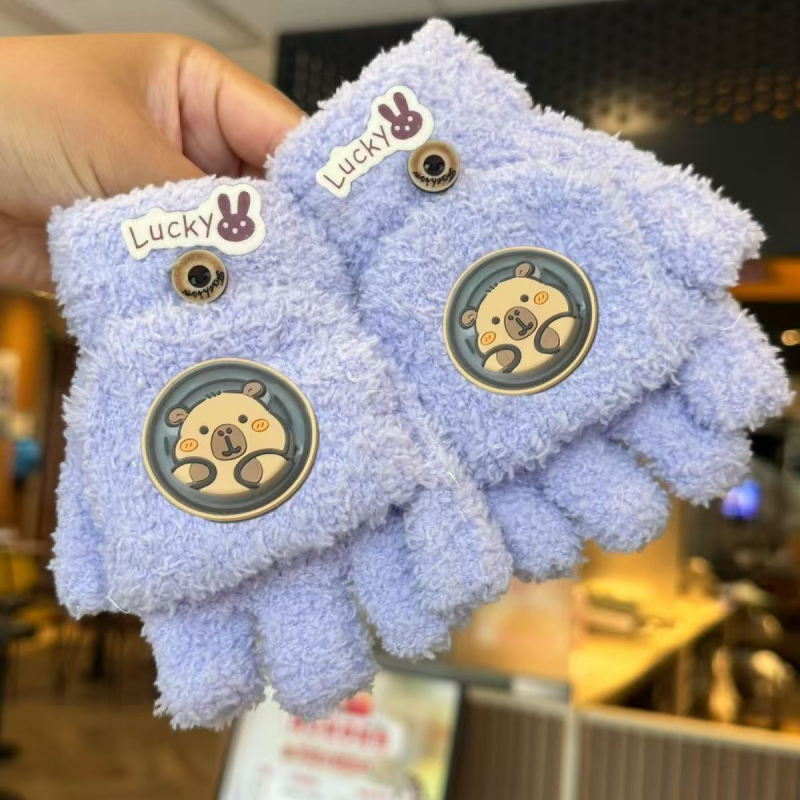 Dječje zimske rukavice s pola prsta, debeli koralni fleece, tople, s karikaturalnim uzorkom, unisex