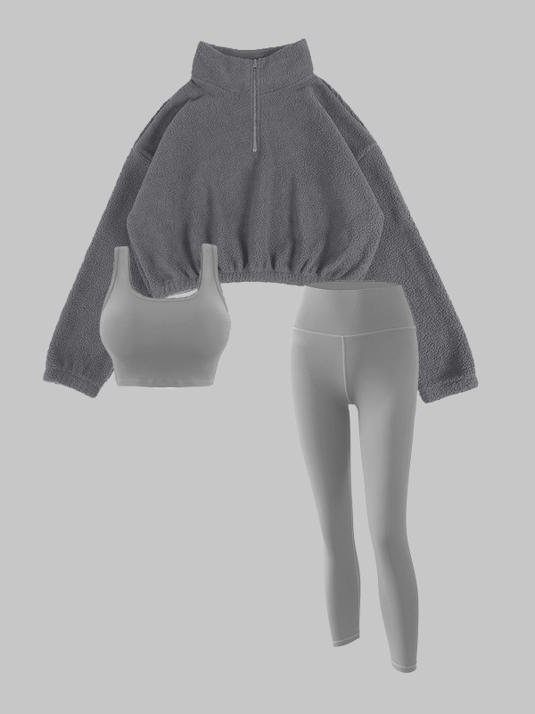 Női fleece sport szett fél-zipos, magas gallérral, három darabból álló készlet: pulóver, mellény és nadrág