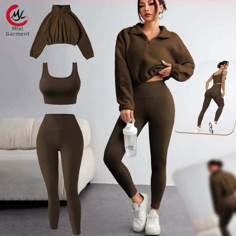 Női fleece sport szett fél-zipos, magas gallérral, három darabból álló készlet: pulóver, mellény és nadrág