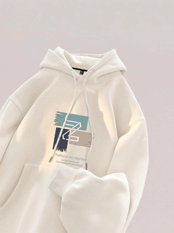 Férfi 250 g vastag kapucnis sportpulóver, fleece béléses poliészter (96%+), laza szabás, mintás dizájn, mindennapi viselet