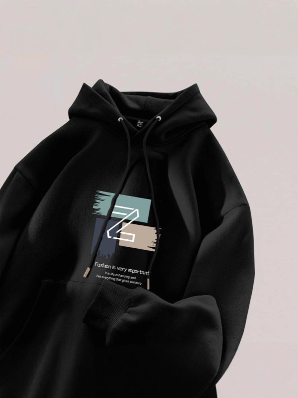 Férfi 250 g vastag kapucnis sportpulóver, fleece béléses poliészter (96%+), laza szabás, mintás dizájn, mindennapi viselet