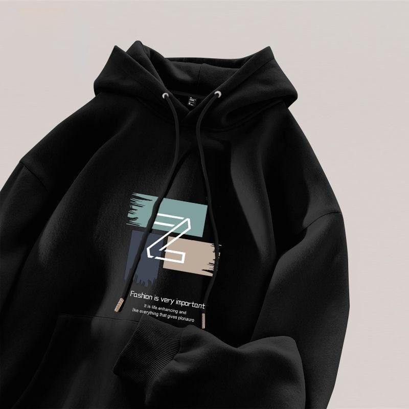 Férfi 250 g vastag kapucnis sportpulóver, fleece béléses poliészter (96%+), laza szabás, mintás dizájn, mindennapi viselet