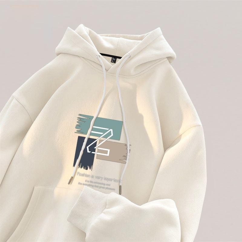 Férfi 250 g vastag kapucnis sportpulóver, fleece béléses poliészter (96%+), laza szabás, mintás dizájn, mindennapi viselet