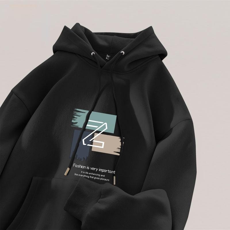 Férfi 250 g vastag kapucnis sportpulóver, fleece béléses poliészter (96%+), laza szabás, mintás dizájn, mindennapi viselet