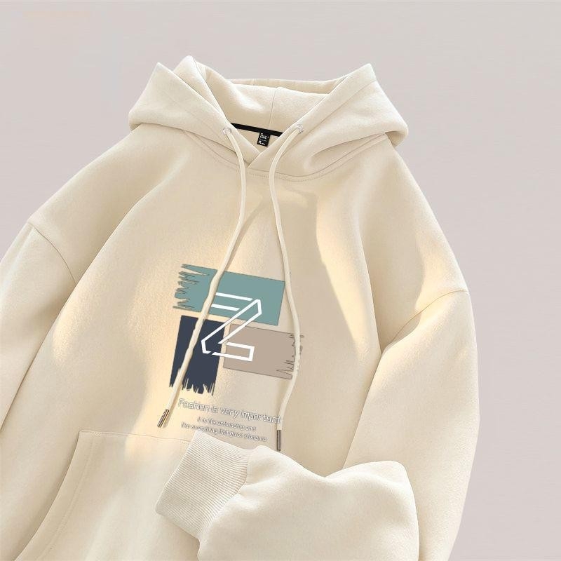 Férfi 250 g vastag kapucnis sportpulóver, fleece béléses poliészter (96%+), laza szabás, mintás dizájn, mindennapi viselet